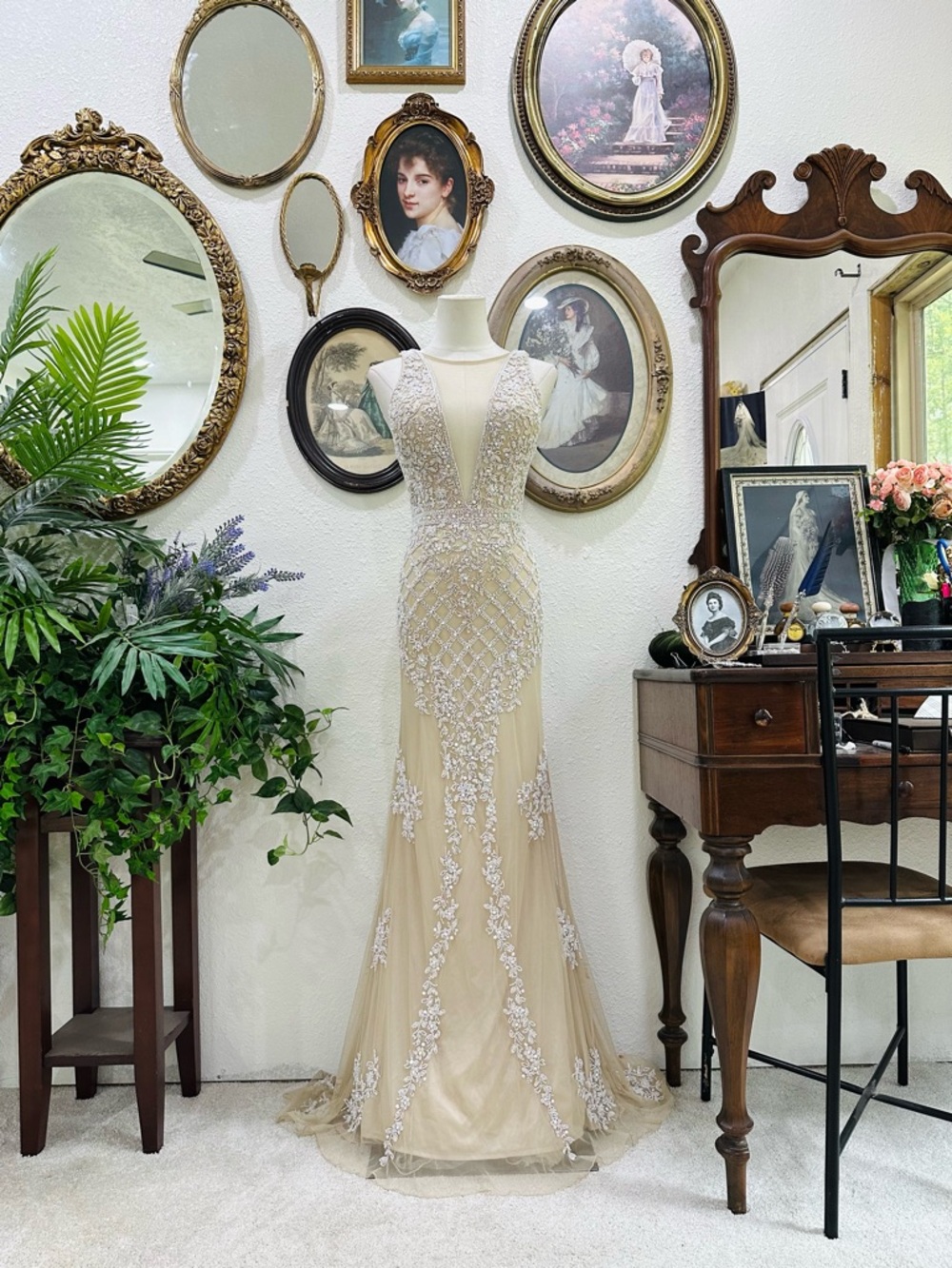 Scala Champagne-Beige Beaded V-Neck Evening Gown